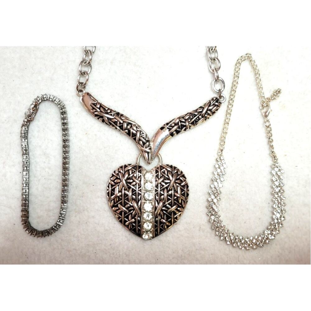 Rhinestone Necklace Bracelet Lot Ankle Tennis Bracelet Heart Chain Silvertone